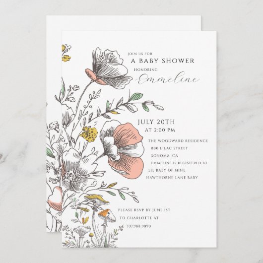 Elegant Rustic Wildflower Baby Shower  招待状 (正面/裏面)