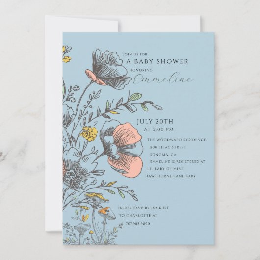 Elegant Rustic Wildflower Blue Baby Shower  招待状 (正面)