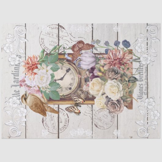 Elegant rustic wood Antique clock floral French 薄葉紙 (正面)