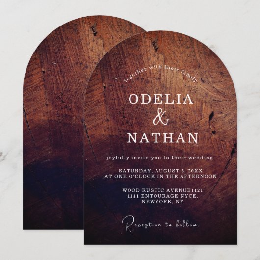 Elegant Rustic Wood Grain Texture Arched Wedding 招待状 (正面/裏面)