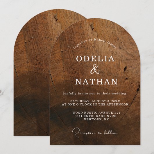 Elegant Rustic Wood Grain Texture Arched Wedding 招待状 (正面/裏面)