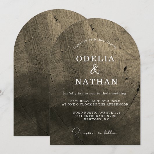 Elegant Rustic Wood Grain Texture Arched Wedding 招待状 (正面/裏面)