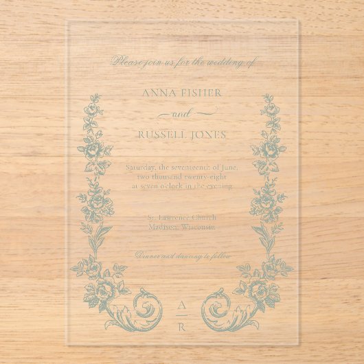 Elegant Sage Baroque Roses Wedding アクリル招待状 (正面)