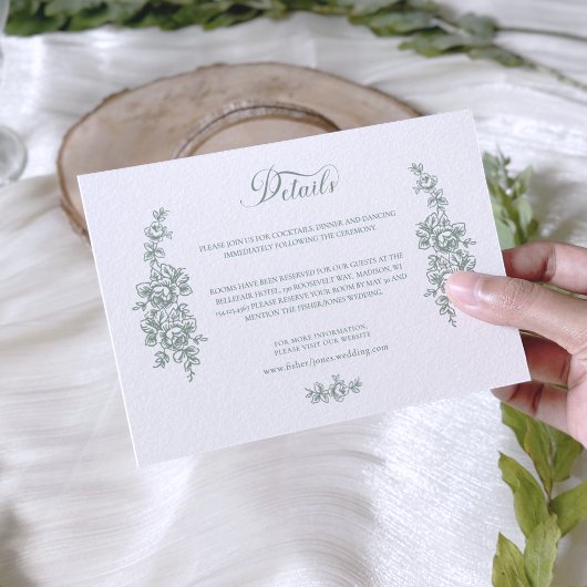 Elegant Sage Baroque Roses Wedding エンクロージャーカード