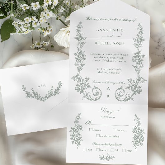 Elegant Sage Baroque Roses Wedding オールインワン招待状