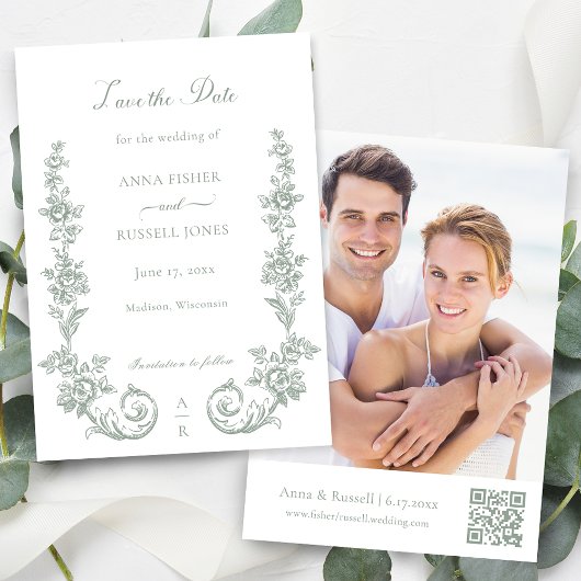 Elegant Sage Baroque Roses Wedding セーブザデート