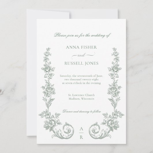 Elegant Sage Baroque Roses Wedding 招待状 (正面)