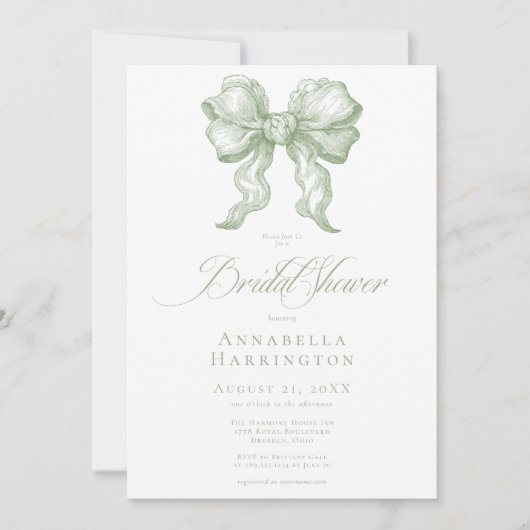 Elegant Sage Bow Toile French Bridal Shower 招待状 (正面)