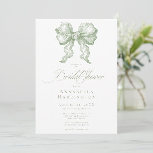Elegant Sage Bow Toile French Bridal Shower 招待状 (スタンド正面)