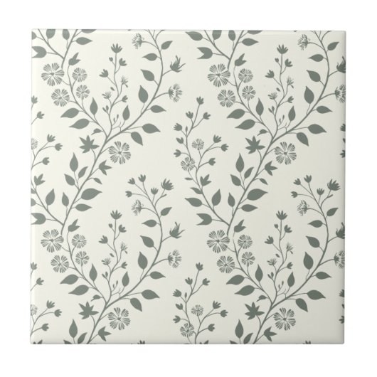Elegant Sage Cream Minimalist Boho Floral Pattern タイル (正面)