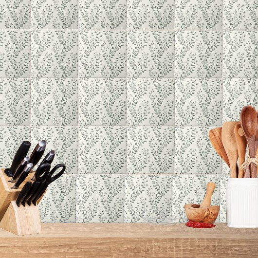 Elegant Sage Cream Minimalist Boho Floral Pattern タイル