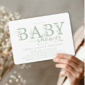 Elegant Sage Floral Baby Shower Typography 招待状