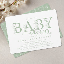 Elegant Sage Floral Baby Shower Typography 招待状