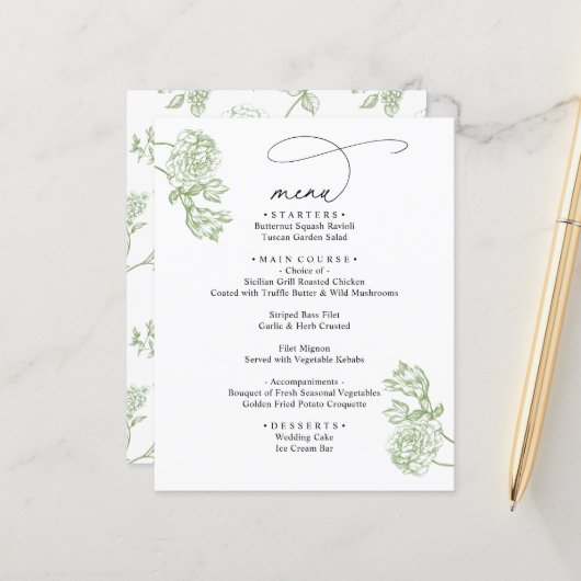 Elegant Sage Floral Modern Script Wedding Menu (正面/裏面インサイチュ)
