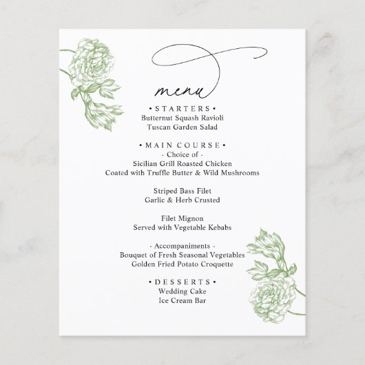 Elegant Sage Floral Modern Script Wedding Menu (正面)