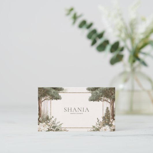 Elegant Sage Forest Gold Frame White Floral 名刺 (スタンド正面)