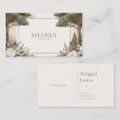 Elegant Sage Forest Gold Frame White Floral 名刺 (正面/裏面)