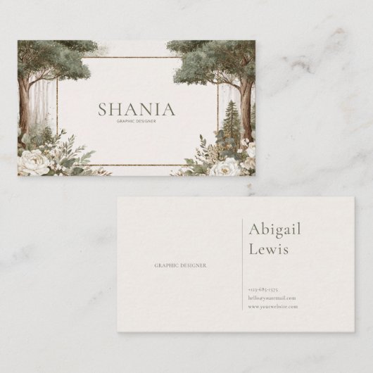 Elegant Sage Forest Gold Frame White Floral 名刺 (正面/裏面)