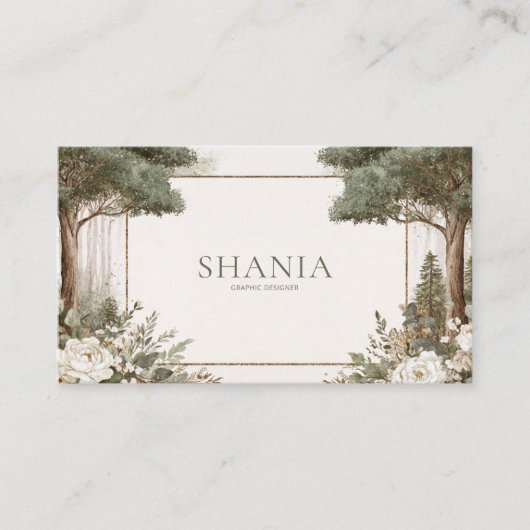 Elegant Sage Forest Gold Frame White Floral 名刺 (正面)