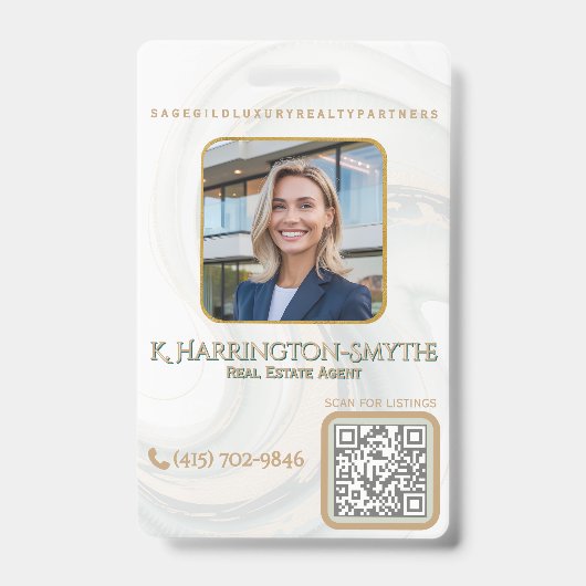 Elegant Sage Gold Realtor Photo ID/QR Code Contact バッジ (正面)