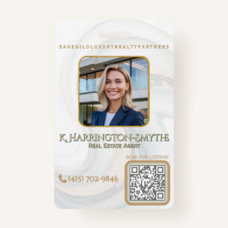 Elegant Sage Gold Realtor Photo ID/QR Code Contact バッジ