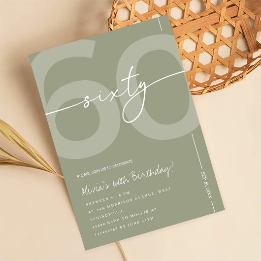 Elegant Sage Green 60th Birthday Party 招待状
