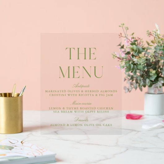 Elegant Sage Green Acrylic Wedding Menu Sign アクリルサイン (ウェディング)