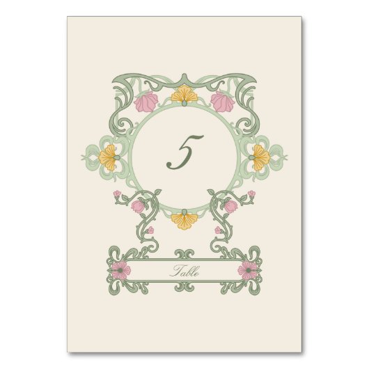 Elegant Sage Green and Gold Art Nouveau テーブルナンバー (正面)