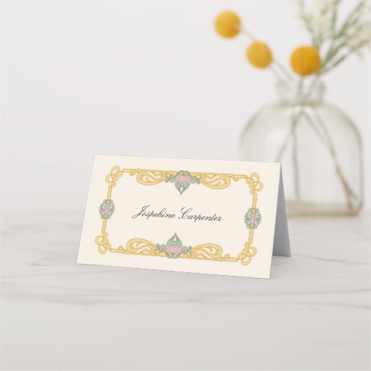 Elegant Sage Green and Gold Art Nouveau プレイスカード (正面)