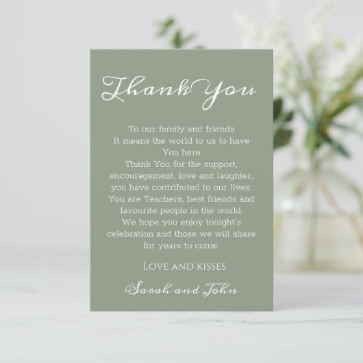 Elegant Sage Green and White Script Wedding サンキューカード (スタンド正面)