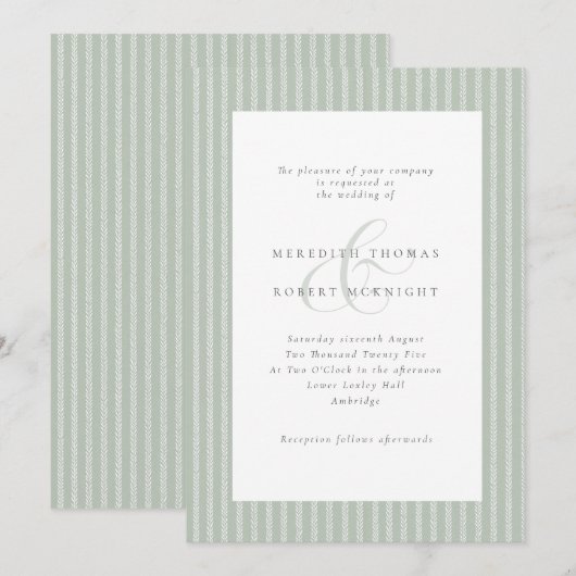 Elegant Sage Green and White Stripes Wedding 招待状 (正面/裏面)