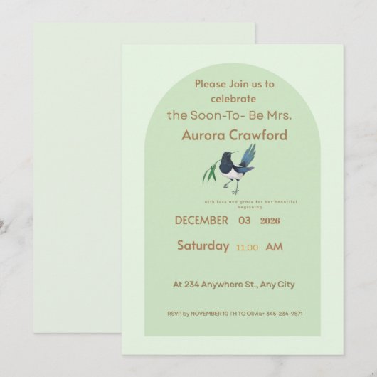Elegant Sage Green Arch Bridal Shower Invitation - 招待状 (正面/裏面)
