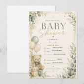 Elegant Sage Green Baby Shower Invitation | Teddy  招待状 (正面/裏面)