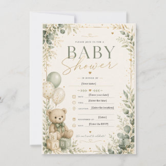 Elegant Sage Green Baby Shower Invitation | Teddy 招待状