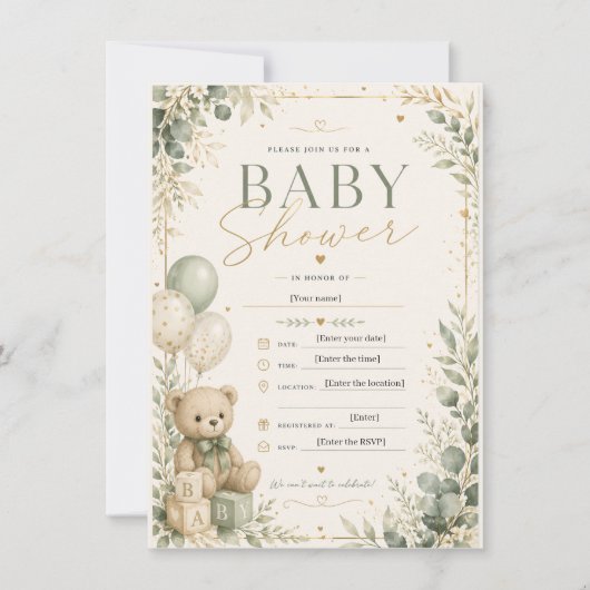 Elegant Sage Green Baby Shower Invitation | Teddy  招待状 (正面)
