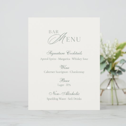 Elegant Sage Green Bar Menu Wedding Sign (スタンド正面)