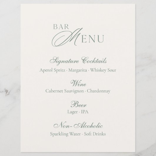Elegant Sage Green Bar Menu Wedding Sign (正面)