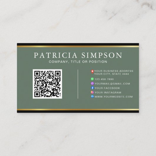 Elegant Sage Green Black Gold Professional QR Code 名刺 (裏面)