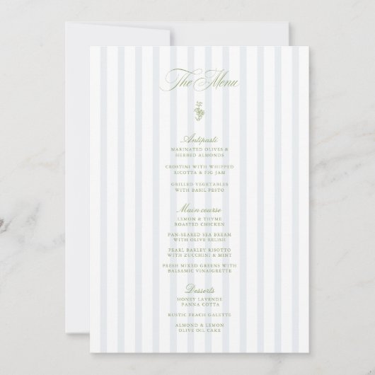 Elegant Sage Green & Blue Striped Wedding Menu 招待状 (正面)