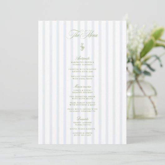Elegant Sage Green & Blue Striped Wedding Menu 招待状 (スタンド正面)
