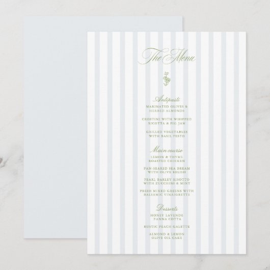 Elegant Sage Green & Blue Striped Wedding Menu 招待状 (正面/裏面)