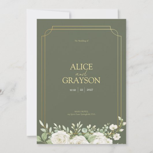 Elegant Sage Green Boho Floral Modern Wedding  招待状 (裏面)