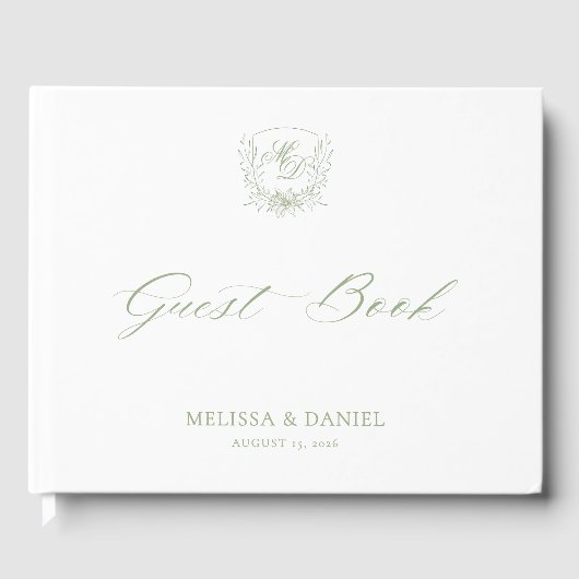 Elegant Sage Green Botanical Crest Wedding ゲストブック (正面)