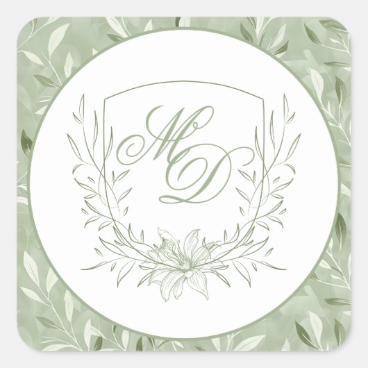 Elegant Sage Green Botanical Crest Wedding スクエアシール (正面)