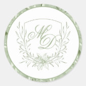 Elegant Sage Green Botanical Crest Wedding ラウンドシール (正面)
