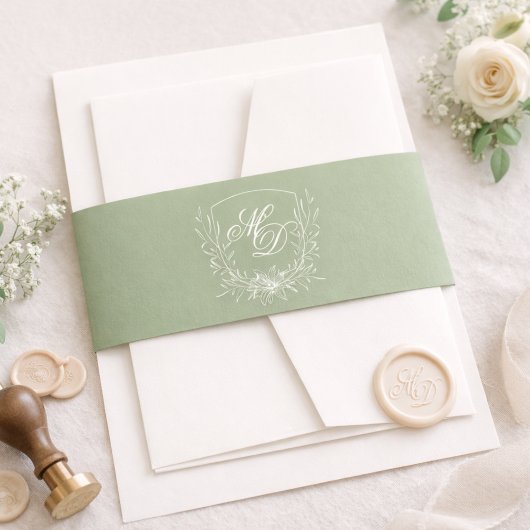 Elegant Sage Green Botanical Crest Wedding 招待状ベリーバンド