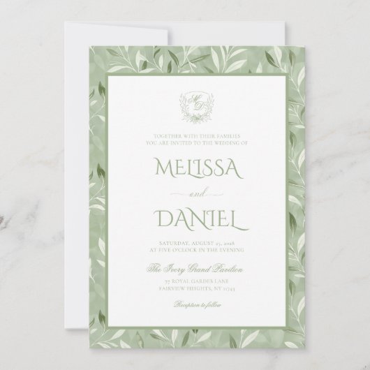 Elegant Sage Green Botanical Crest Wedding 招待状 (正面)
