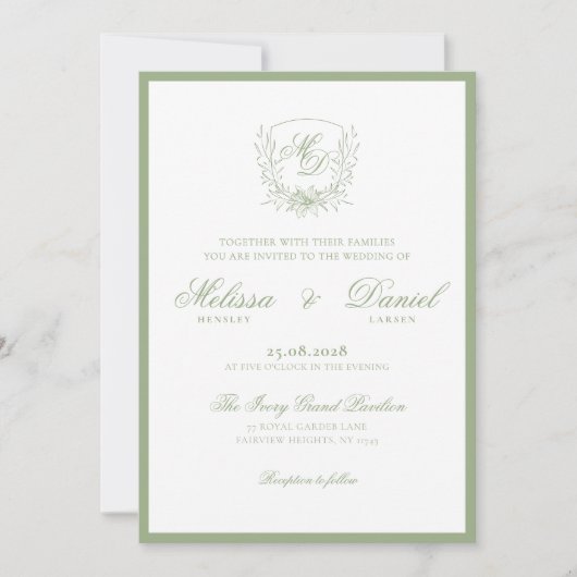 Elegant Sage Green Botanical Crest Wedding 招待状 (正面)