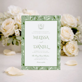 Elegant Sage Green Botanical Crest Wedding 招待状