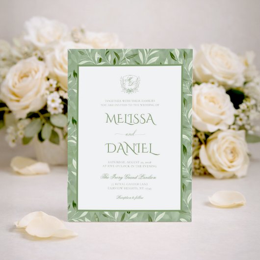 Elegant Sage Green Botanical Crest Wedding 招待状